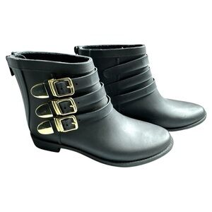 Loeffler Randall Fenton Black Rubber Rain Ankle Boots Gold Buckles Size 6